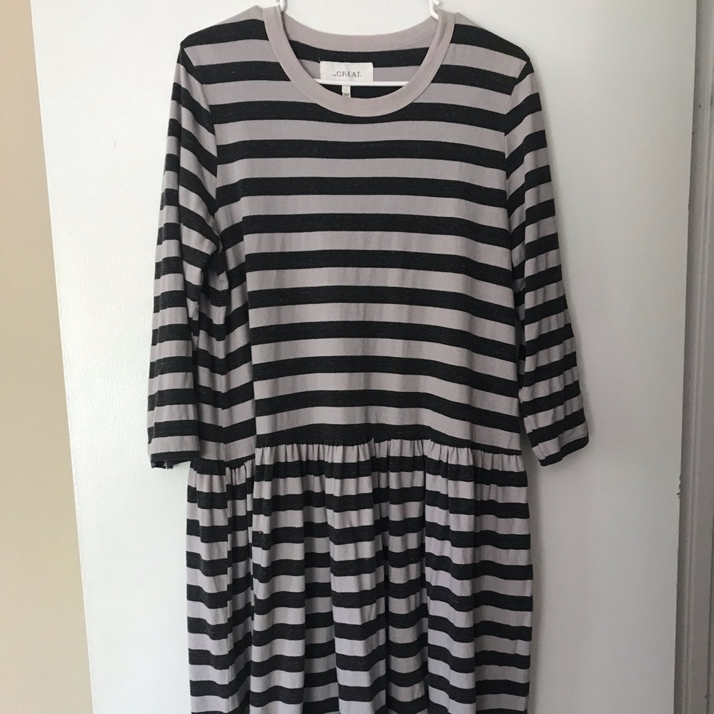 THE GREAT. Black and Gray Striped Midi Dress